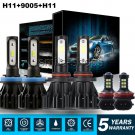 9005+H11+H11 Total 4860W COB LED Headlights High Low Beam+Fog Light Bulb White