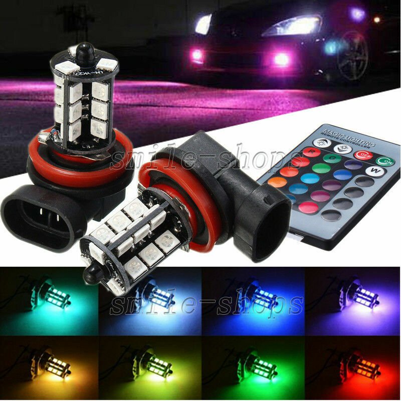 2pcs RGB Remote Wireless H8 H11 27-SMD LED Bulbs For Fog Daytime Running Lights