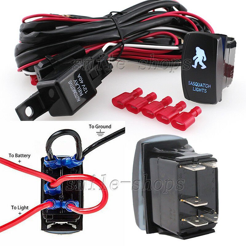 12V On/Off Blue Laser Sasquatch Light Rocker Switch + Wiring Harness Relay Fuse