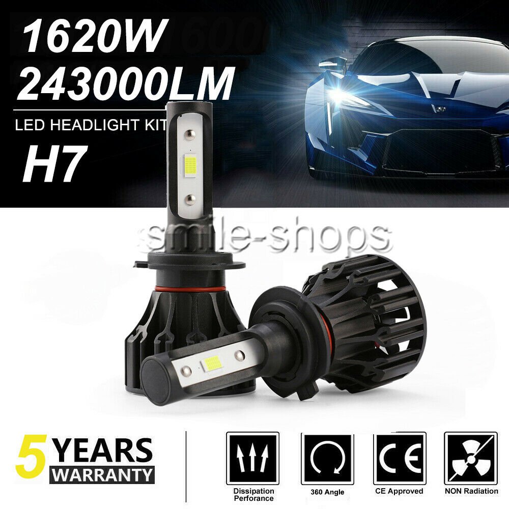 2x Pure White H7 1620W 243000LM LED Headlight Kits High Low Beam Bulbs COB 6000K