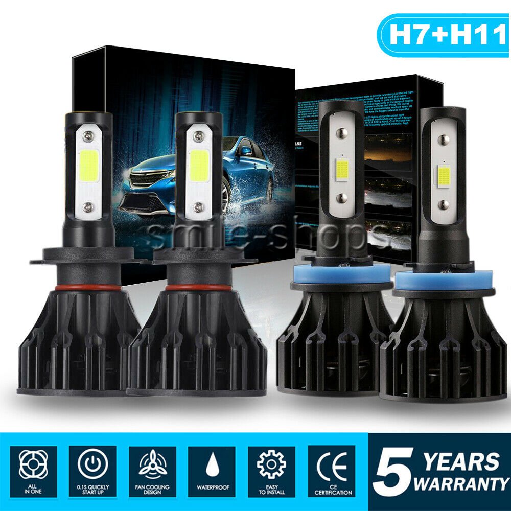 Combo H11 H7 LED Headlight Bulbs Kit High Low Beam Total 3240W 486000LM 6500K 4x
