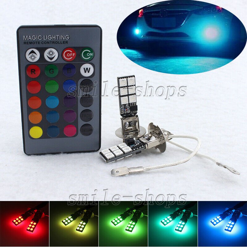 2pcs 12-SMD RGB Wireless H3 LED Fog Daytime Running Light Bulbs + Remote Control