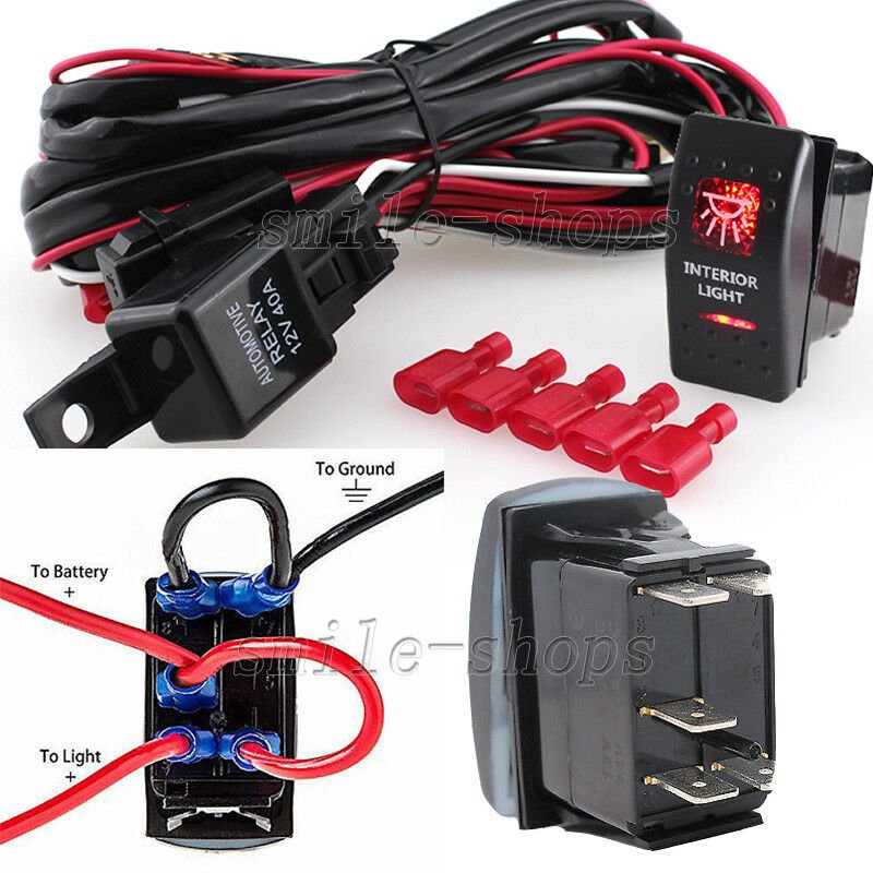 12V On/Off 5 pins Red Interior Light Rocker Switch + Wiring Harness Relay Fuse