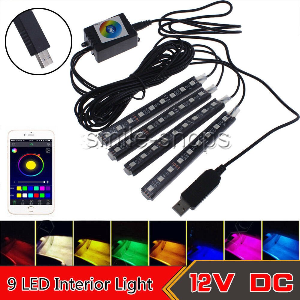 9 LED RGB Car Interior Smart Neon Light Strip Phone App Voice Control Colorful