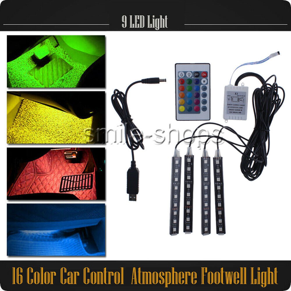 9LED IR Remote Control Colorful RGB Car Interior Floor Decor Lights Strips 12V