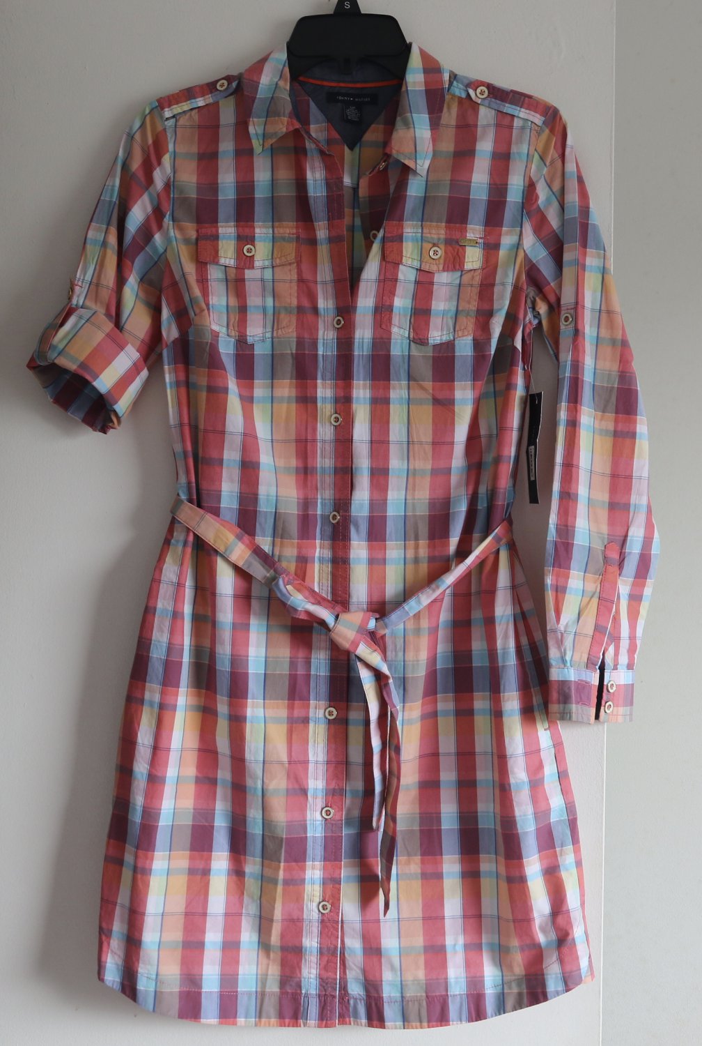 NWT Tommy Hilfiger Women`s Plaid Shirt Dress S 4 6 Cotton Shirtdress New