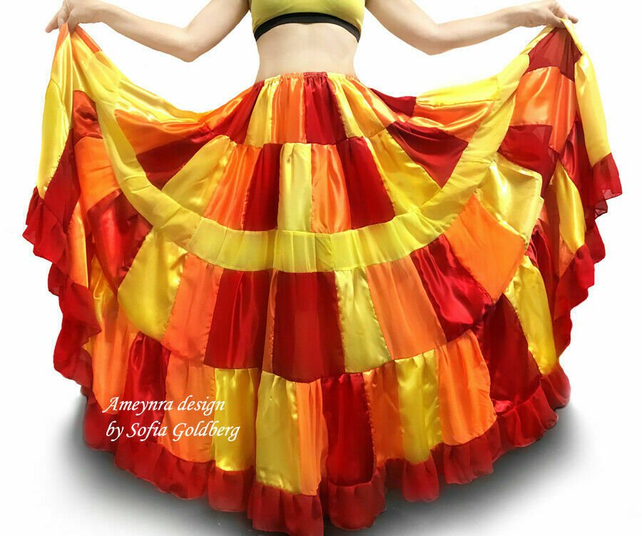 Fire color Hippie Patchwork Skirt. Satin Chiffon Mix. Ameynra Design Size XL New