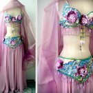 Ameynra Belly Dance Costume Pink with Large Sequin Flowers Full Set size S New