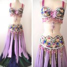 Ameynra Belly Dance Costume Multicolor Full Set - Bra Belt Skirt Veil Size M New