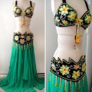 Ameynra Belly Dance Costume Green with Yellow Sequin Flowers Full Set Size M New