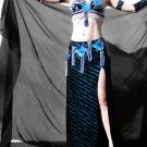 Ameynra Belly Dance Costume Black Light-Blue Size S Full Set Bra Skirt Veil New