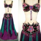 Ameynra Belly Dance Costume Purple Green Size M Full Set (Bra Skirt Belt) New