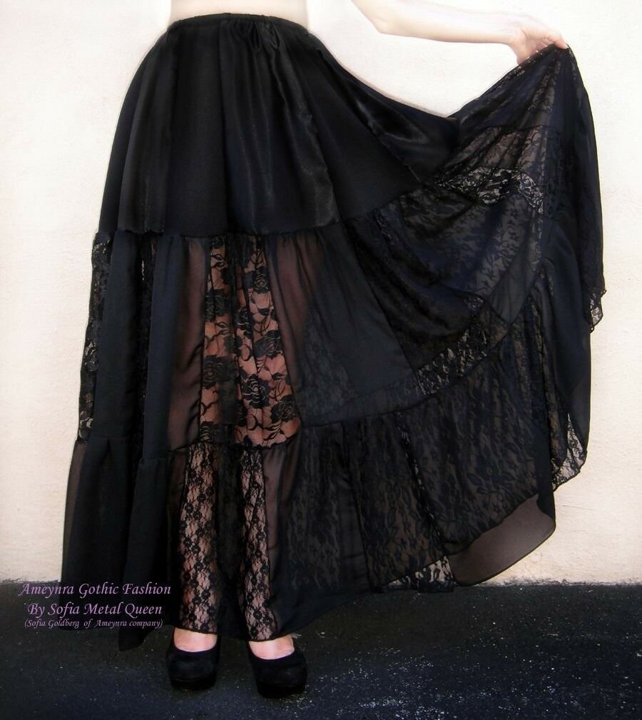 Gothic black patchwork skirt OOAK Handwork Satin lace chiffon. Size M, new