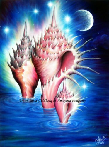 Fantastic ocean shells. Beautiful night. Original painting by Sofia Goldberg