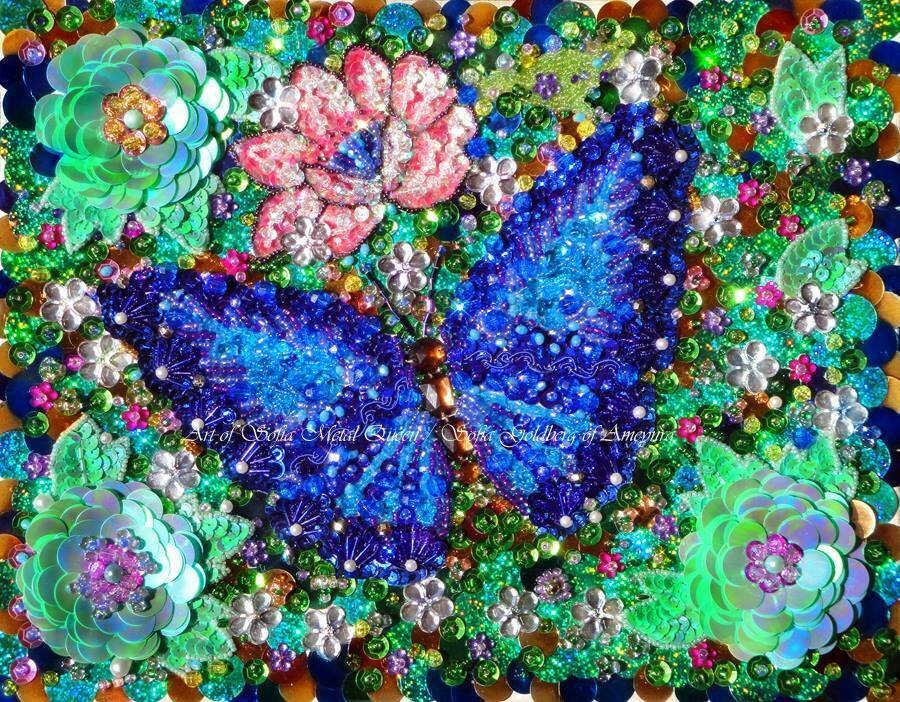 Blue Butterfly Beadwork Bead Sequin Embroidery Art by Sofia Goldberg. Original