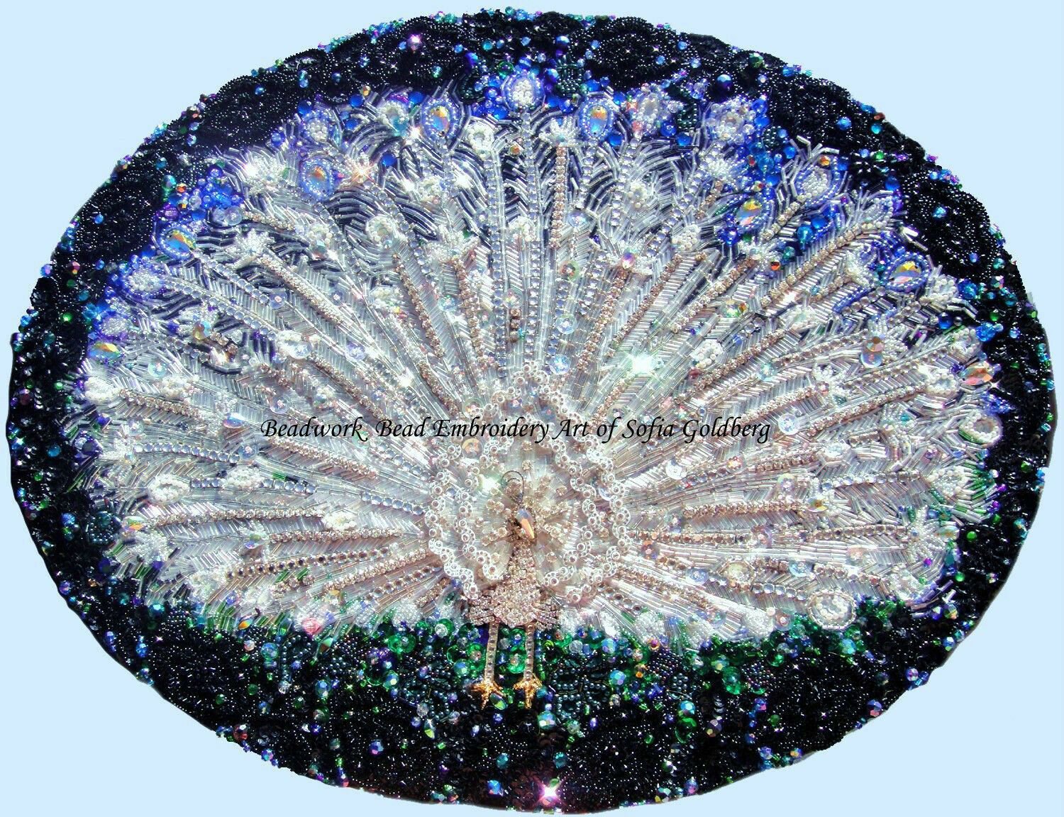 White Peacock Beadwork Art Bead Embroidery Handwork Original by Sofia Goldberg