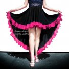 Ameynra High-Low Skirt Asymmetrical. Black Rayon Dark Pink Chiffon Ruffle. New