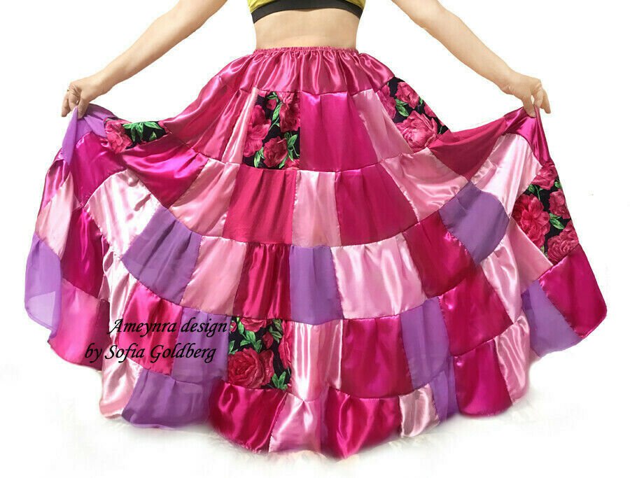 Boho Patchwork Skirt Pink-White-Magenta Satin Chiffon Ameynra Handwork Size M New