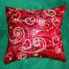 Embroidered Red Pillow with sequins, rhinestones. Ameynra Fancy Home Decor. New