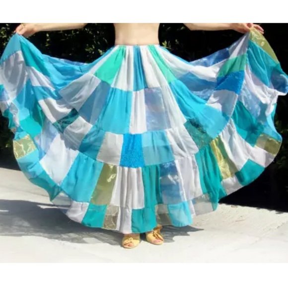 Ameynra Patchwork Skirt Hippie Gypsy Handwork Light Blue White Chiffon Sz M New