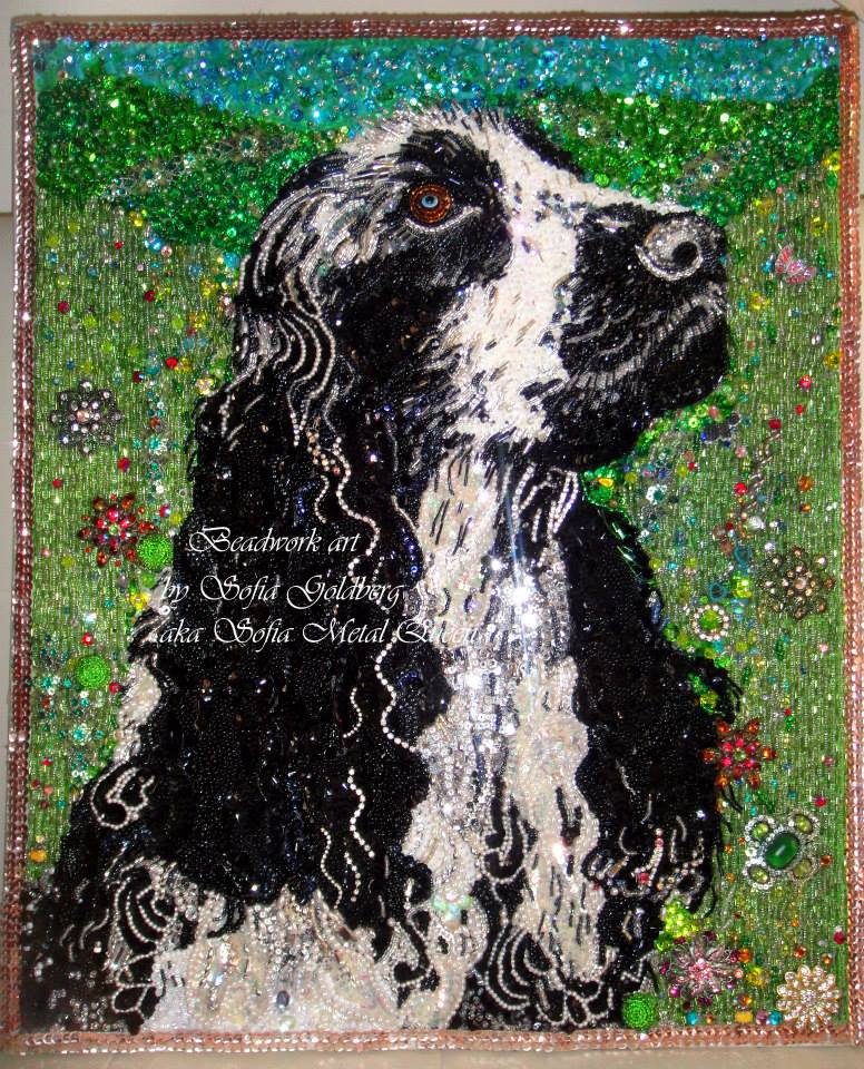 Cocker Spaniel Dog Art Beadwork Bead Embroidery Handwork Original 20x24 Large