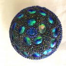 Blue multicolor beaded metal jewelry box, round shape, small size
