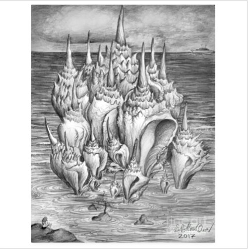Ocean fantasy. Huge shells. Original drawing on paper. By Sofia Goldberg