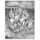 Ocean fantasy. Huge shells. Original drawing on paper. By Sofia Goldberg