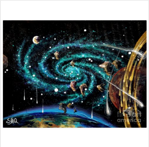 Meteor storm & emerald galaxy. Space Art Acylic Painting by Sofia Goldberg