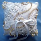 Bridal Wedding Ring Pillow Silver White wt lace, beads, rhinestones Handwork New