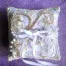 Bridal Wedding Ring Pillow White-silver, with beads, rhinestones, lace. Handwork