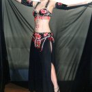 Ameynra Belly Dance Costume Black with Red Butterflies Full Set with Veil. Size Small