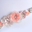 Bridal Sash Salmon Pink Ivory Beige with rhinestones & faux flowers Handwork New