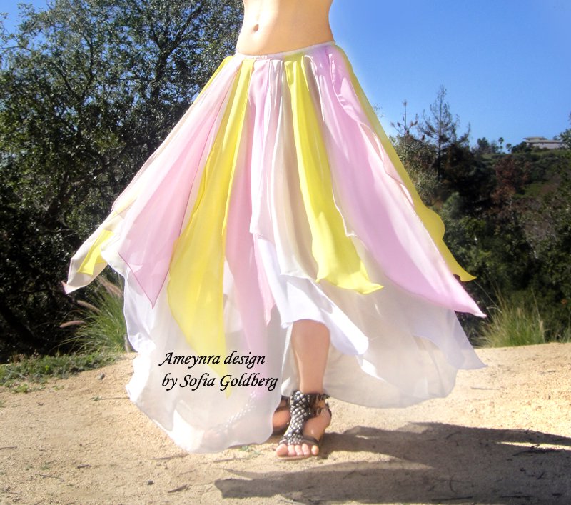 Ameynra Belly Dance VeryPetal Skirt White Yellow Pink Chiffon Size S New