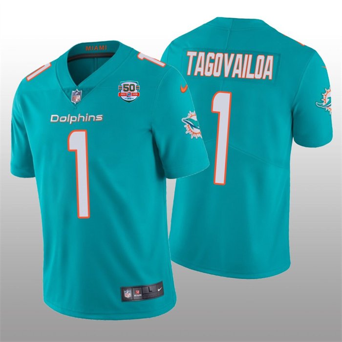 Miami Dolphins Tua Tagovailoa QB 1⭐Star AQUA BLUE C-PATCH + 50th  Anniversary