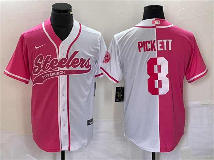 Men's Pittsburgh Steelers 8 Kenny Pickett White Pink Split Cool Base