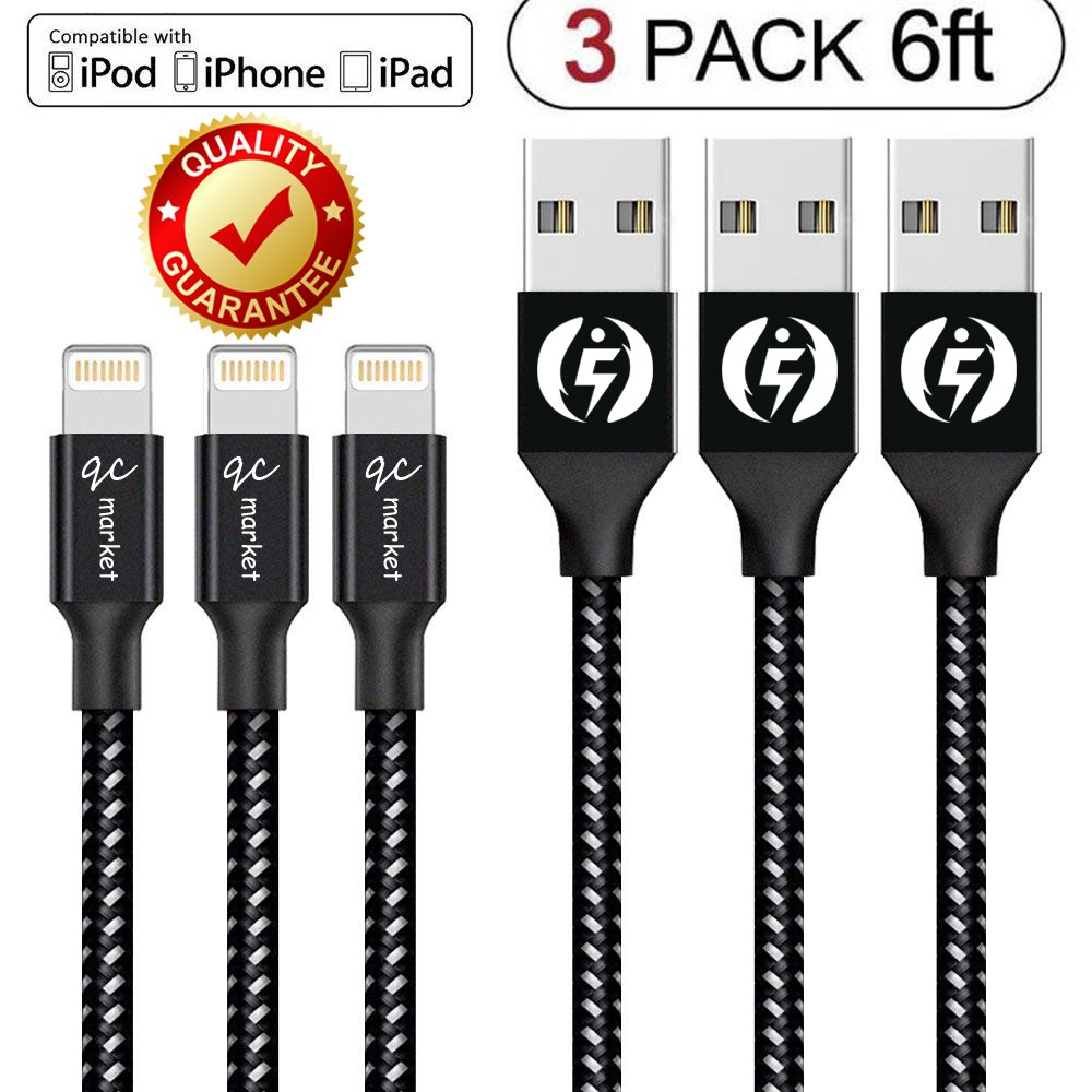 3 Pack 6 Ft Lightning Cable Heavy Duty for iPhone iPad Charger Charging ...