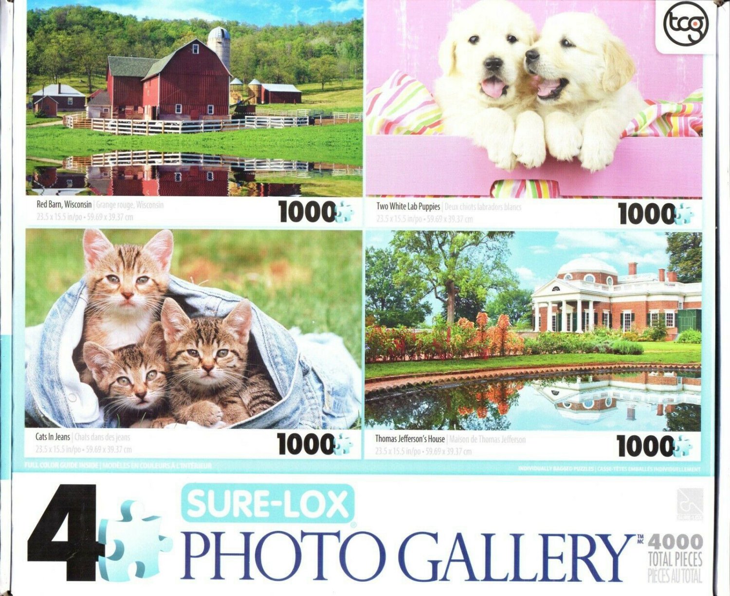4 1000 Piece Puzzles: Red Barn, Two White Lab Puppies, Cats in Jeans, Thomas Jef
