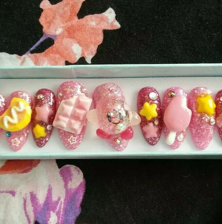 Custom Gel Press On Nails Kirby Cute Sweet Pink Candy Kawaii Rhinestones