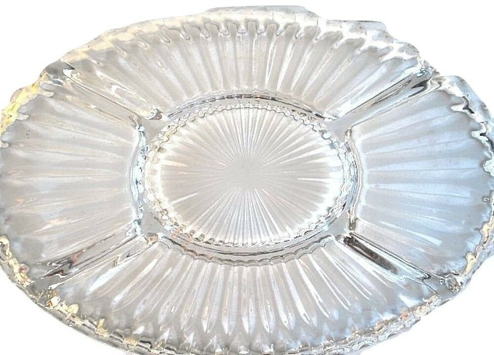 Divided Five Section Clear Cut Glass Platter Relish Tray Glass Serving Dish
