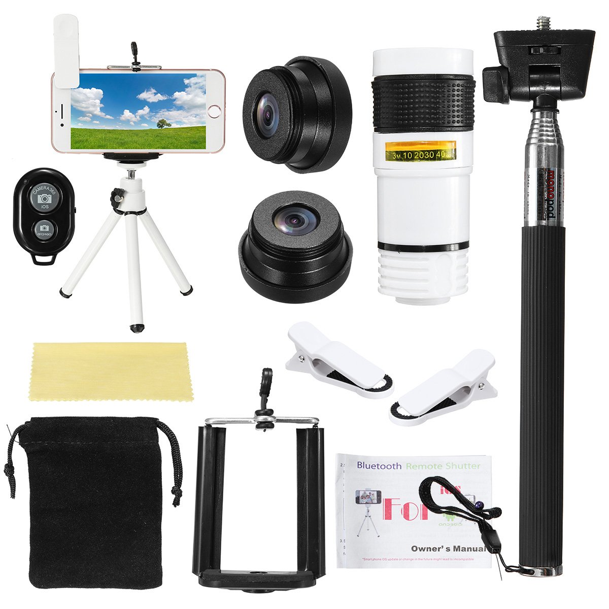 All in 1 Phone Camera Lens 8X Telescope Selfie Stick Tripod bluetooth Remote Kit - White