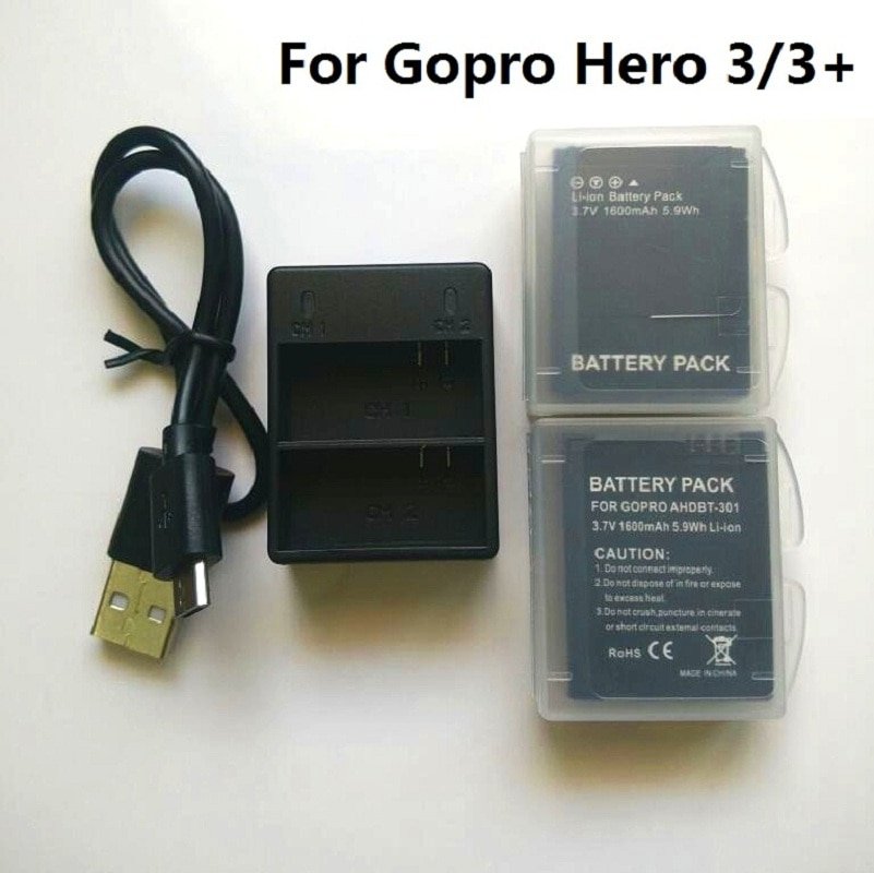 For Gopro Hero 3 Battery 3.7V AHDBT-301 Hero3 Battery USB Dual Charger Battery case For GOPRO 3+ 302