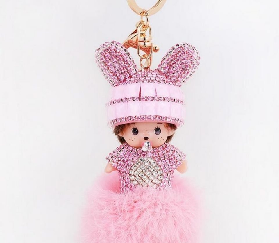 Cute crystal doll keychain hand made fur pom pom