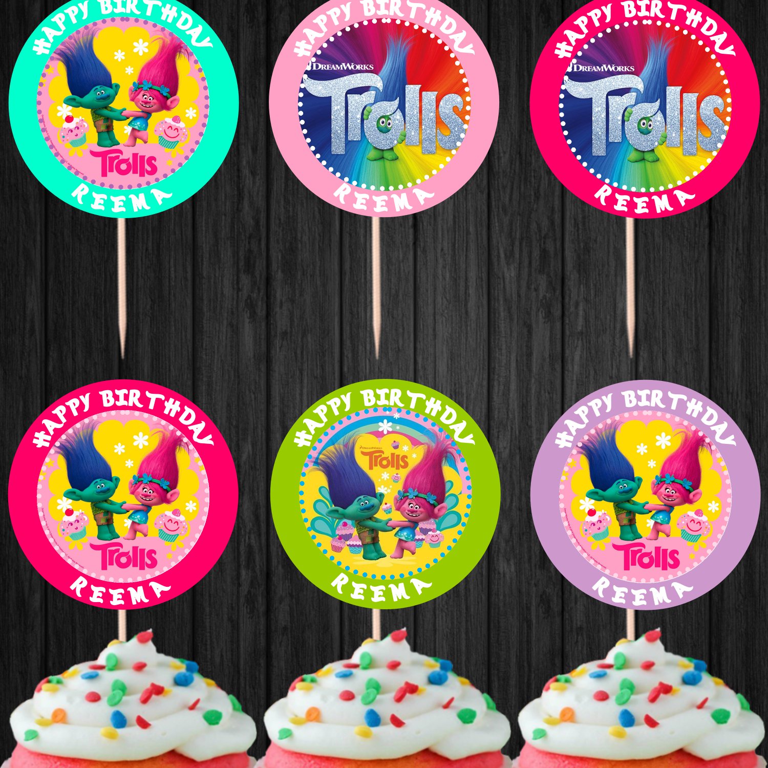 Personalized Trolls Cupcake Toppers Digital Printable