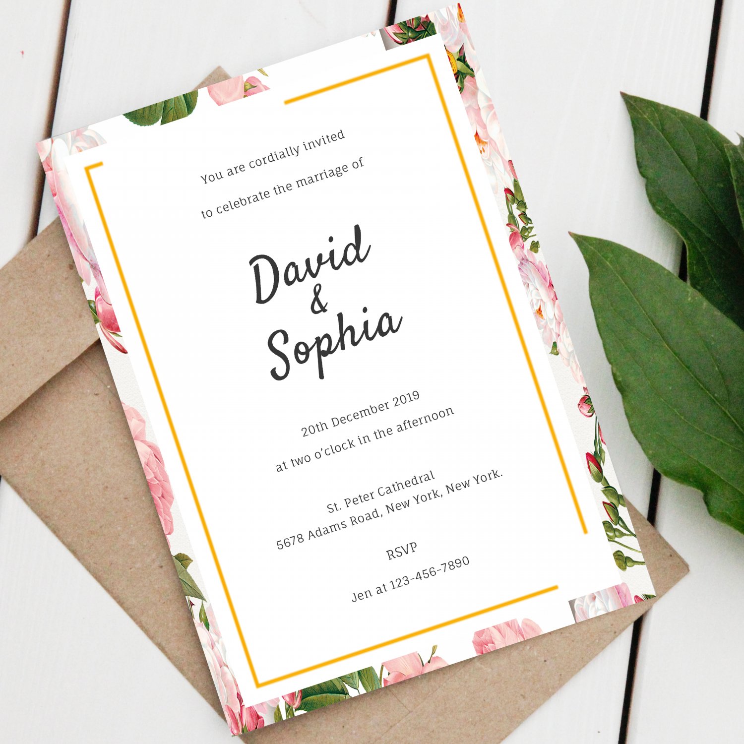 Wedding Design 1 Invitation Pink Flowers Printable Digital Personalized Elegant