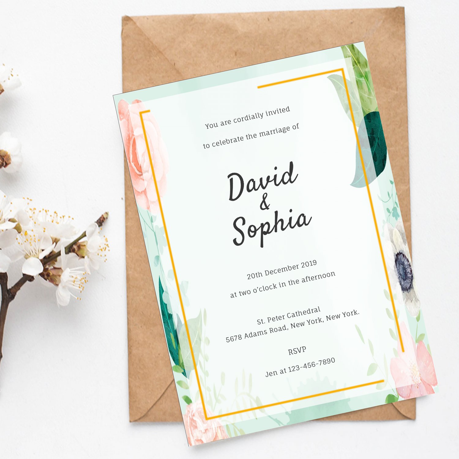 Wedding Design 2 Blue Flowers Invitation Digital Printable Personalized Elegant Royal