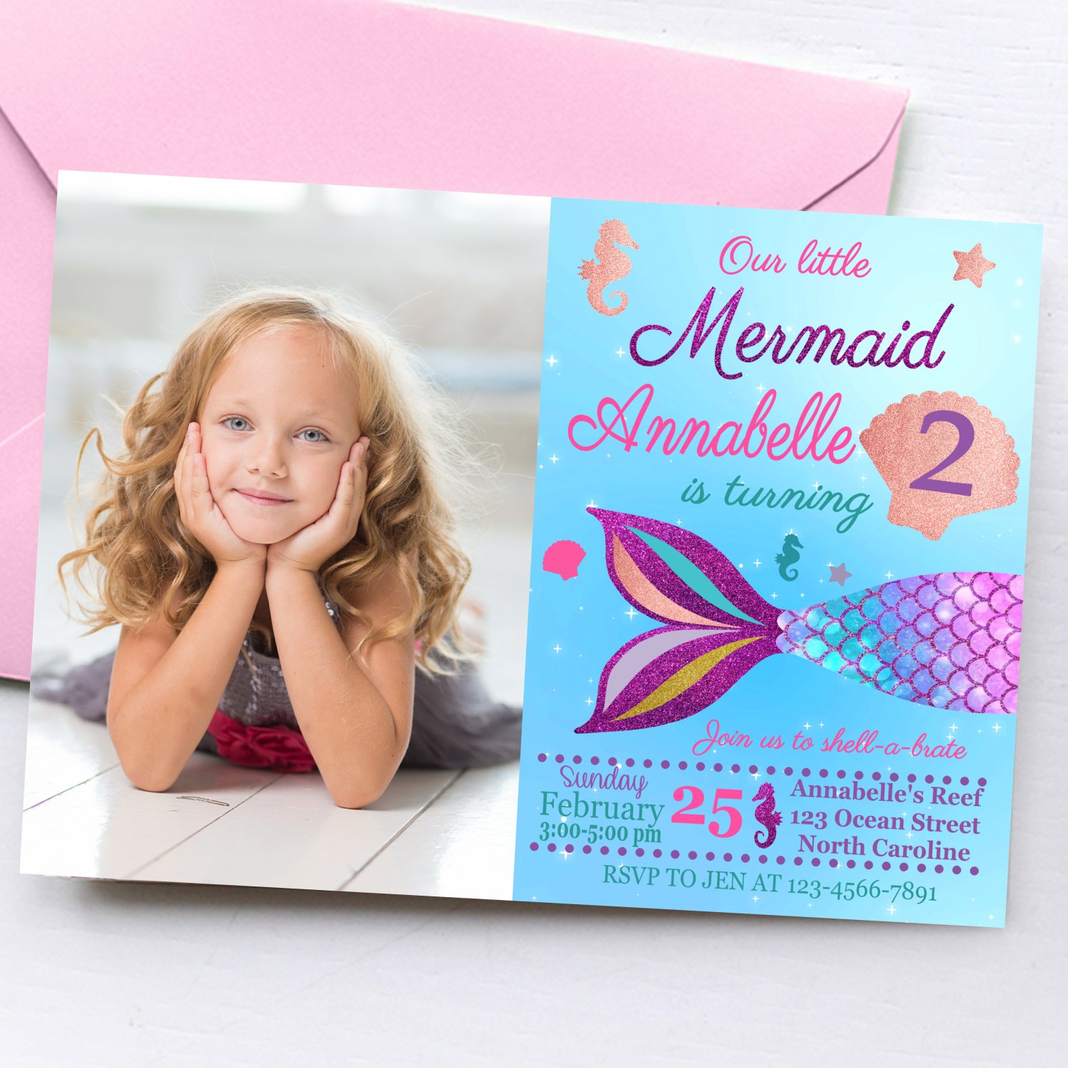 Printable Mermaid Princess Invitation Design 1 with Photo Digital Printable