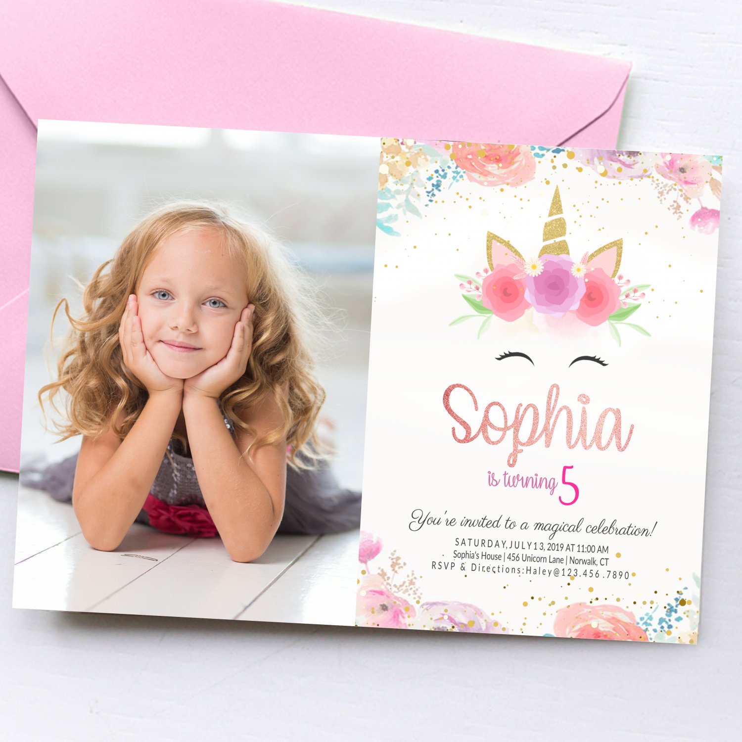 Unicorn Printable Invitation Design 1 with Photo Princess Digital Printable