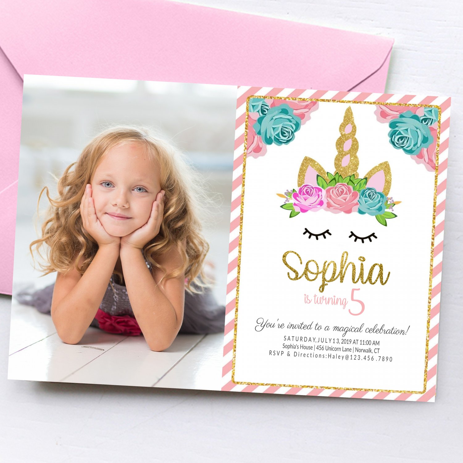 Unicorn Invitation Design 3 with Photo Personalized Printable Digital birthday princess