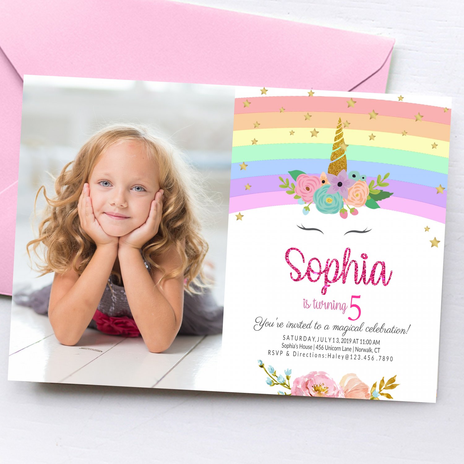 Unicorn Invitation Design 4 with Photo Personalized Digital Printable birthday princess